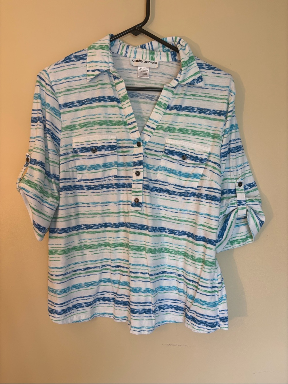 Cathy Daniels Blue & Green Striped Roll-Tab Button Pullover